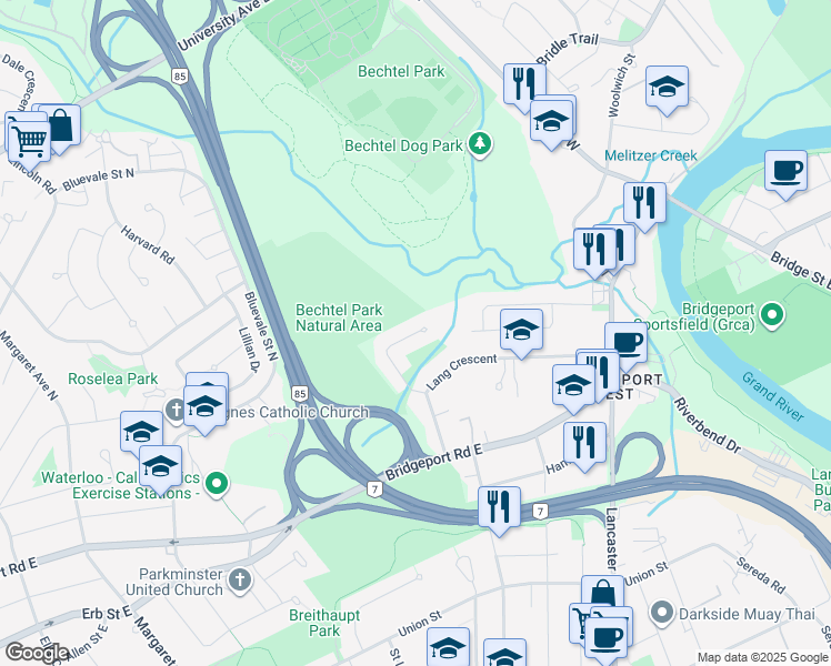 map of restaurants, bars, coffee shops, grocery stores, and more near 36 Springdale Dr in Kitchener