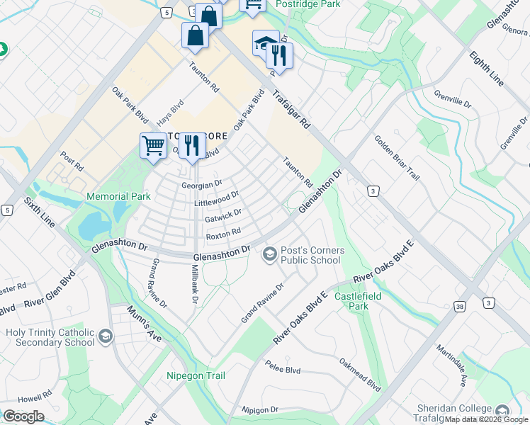 map of restaurants, bars, coffee shops, grocery stores, and more near 226 Gatwick Drive in Oakville