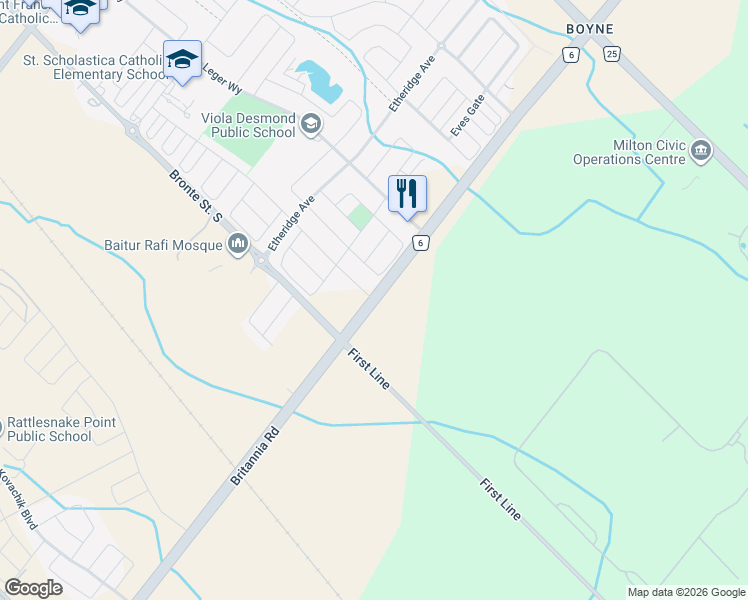 map of restaurants, bars, coffee shops, grocery stores, and more near 2933 Britannia Road in Milton