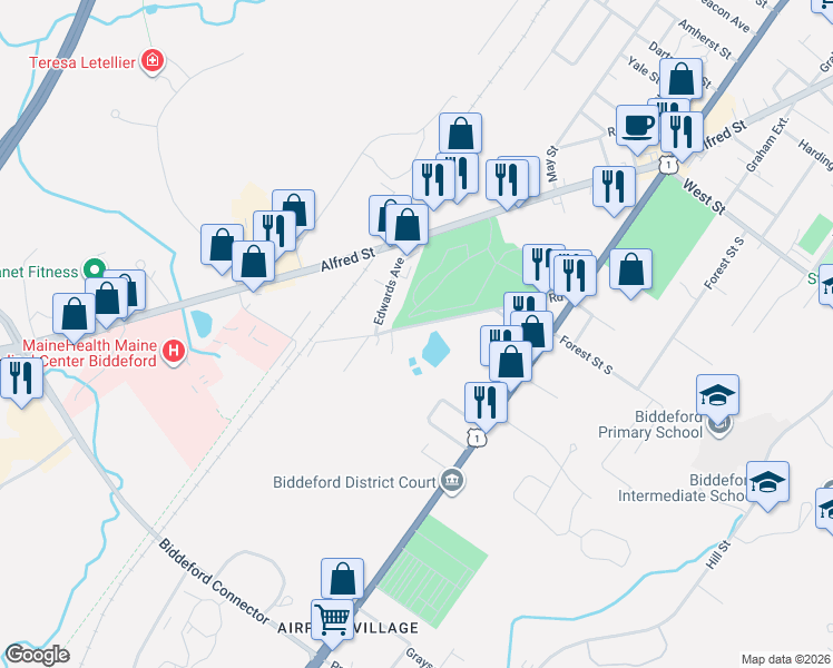 map of restaurants, bars, coffee shops, grocery stores, and more near 11 Cole Road in Biddeford