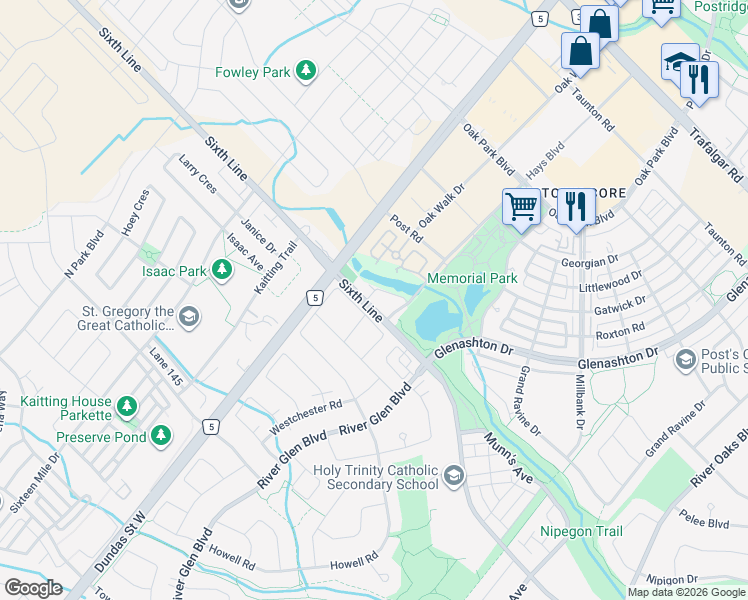 map of restaurants, bars, coffee shops, grocery stores, and more near 2557 Sixth Line in Oakville