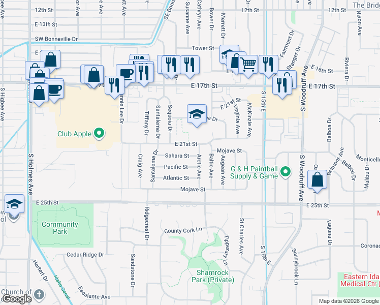 map of restaurants, bars, coffee shops, grocery stores, and more near 1154 East 21st Street in Idaho Falls