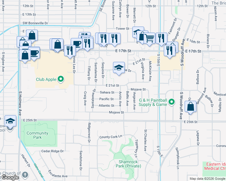 map of restaurants, bars, coffee shops, grocery stores, and more near 1154 East 21st Street in Idaho Falls