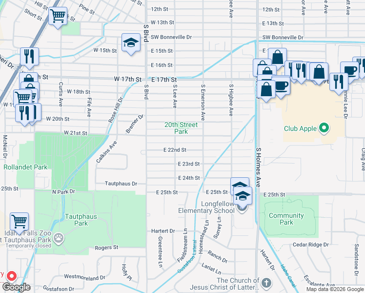 map of restaurants, bars, coffee shops, grocery stores, and more near 226 East 21st Street in Idaho Falls