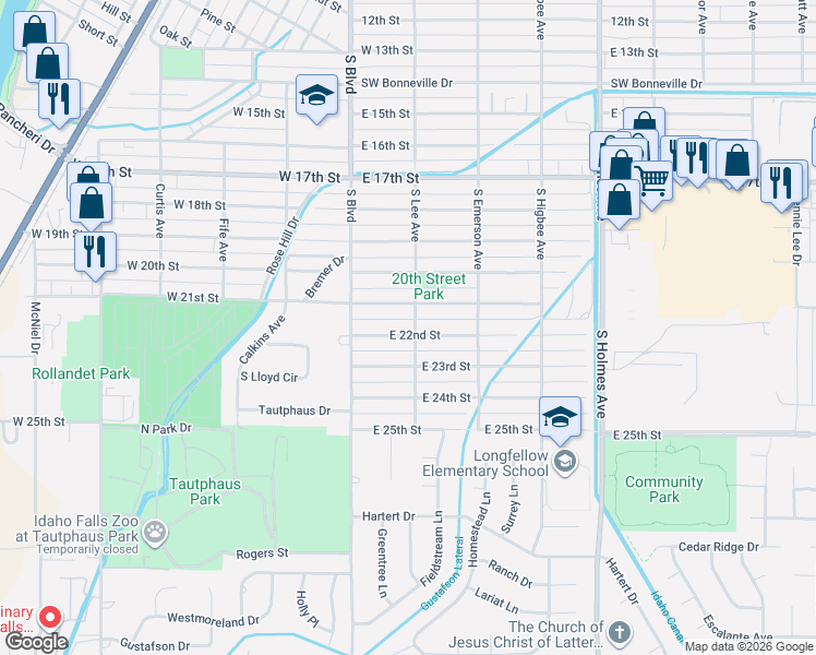 map of restaurants, bars, coffee shops, grocery stores, and more near 169 East 21st Street in Idaho Falls