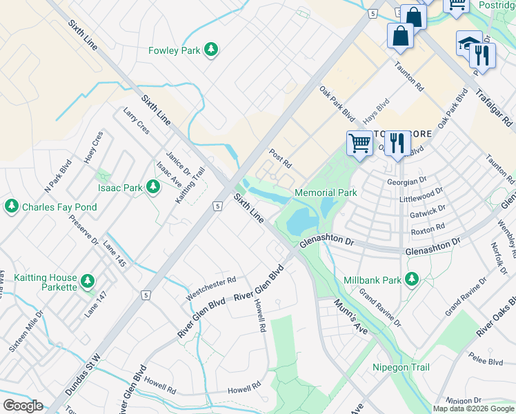 map of restaurants, bars, coffee shops, grocery stores, and more near 2579 Sixth Line in Oakville