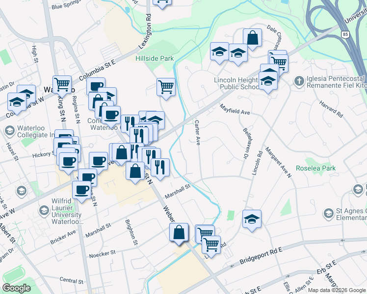 map of restaurants, bars, coffee shops, grocery stores, and more near 121 University Avenue in Waterloo