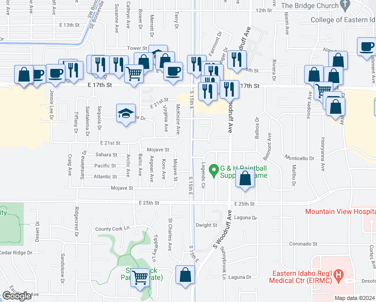 map of restaurants, bars, coffee shops, grocery stores, and more near 2132 Saint Clair Road in Idaho Falls