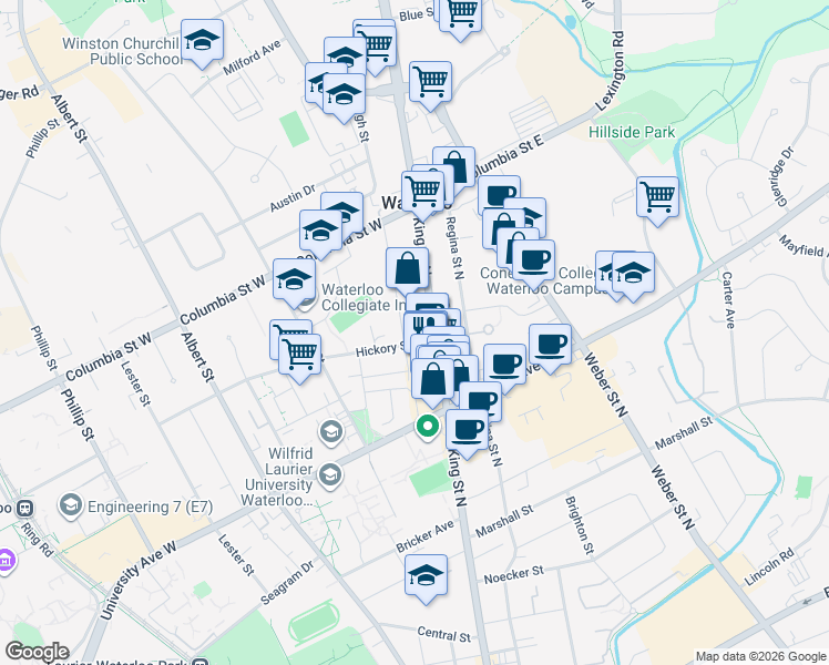 map of restaurants, bars, coffee shops, grocery stores, and more near 8 Hickory Street West in Waterloo