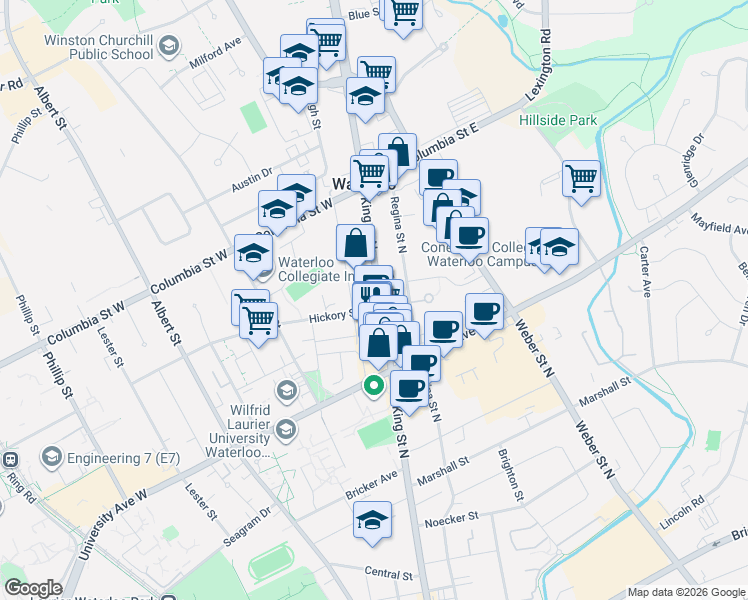 map of restaurants, bars, coffee shops, grocery stores, and more near in Waterloo