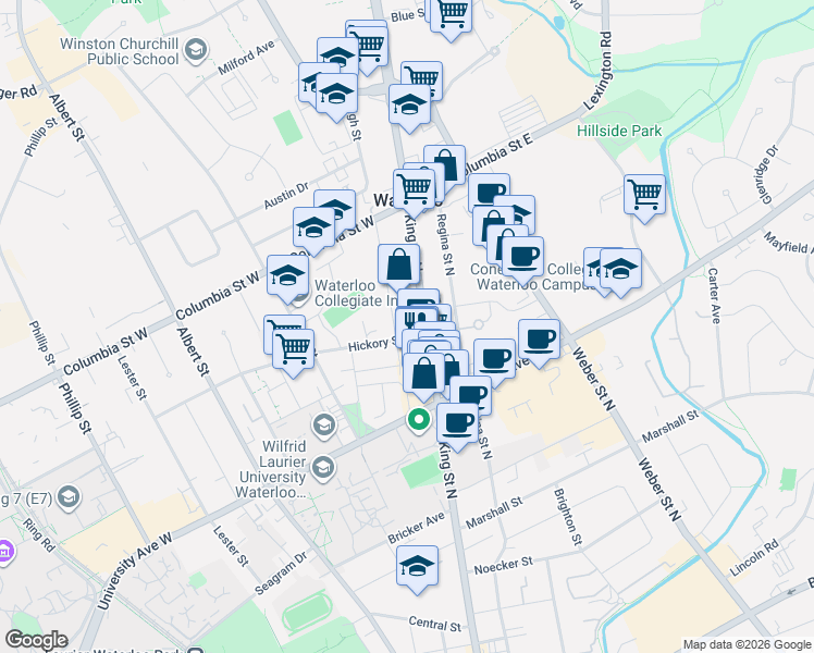 map of restaurants, bars, coffee shops, grocery stores, and more near in Waterloo