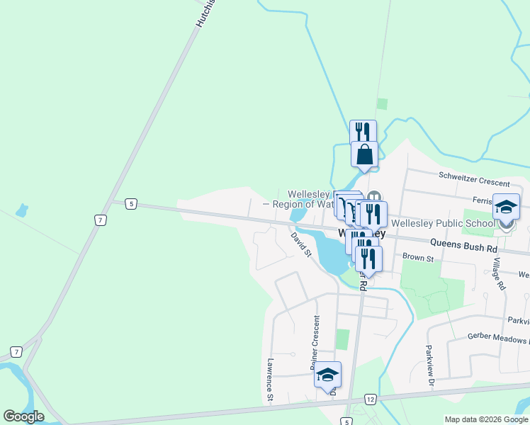 map of restaurants, bars, coffee shops, grocery stores, and more near 1297 Queens Bush Road in Wellesley