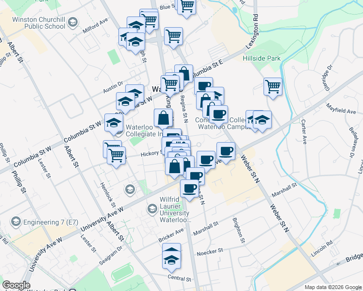 map of restaurants, bars, coffee shops, grocery stores, and more near 308 King Street North in Waterloo