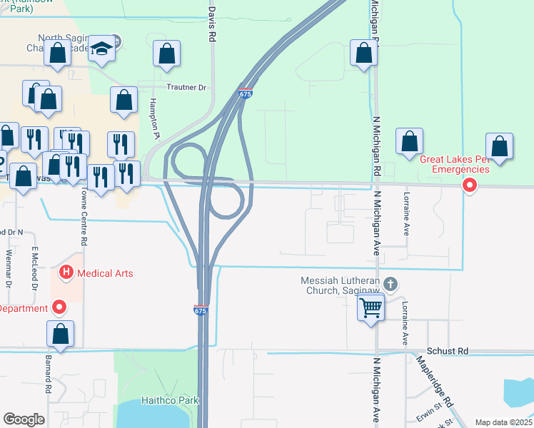 map of restaurants, bars, coffee shops, grocery stores, and more near 1815 Tittabawassee Road in Saginaw