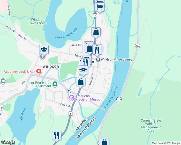 map of restaurants, bars, coffee shops, grocery stores, and more near 3 A Central Street in Windsor