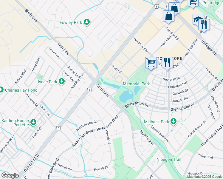 map of restaurants, bars, coffee shops, grocery stores, and more near in Oakville
