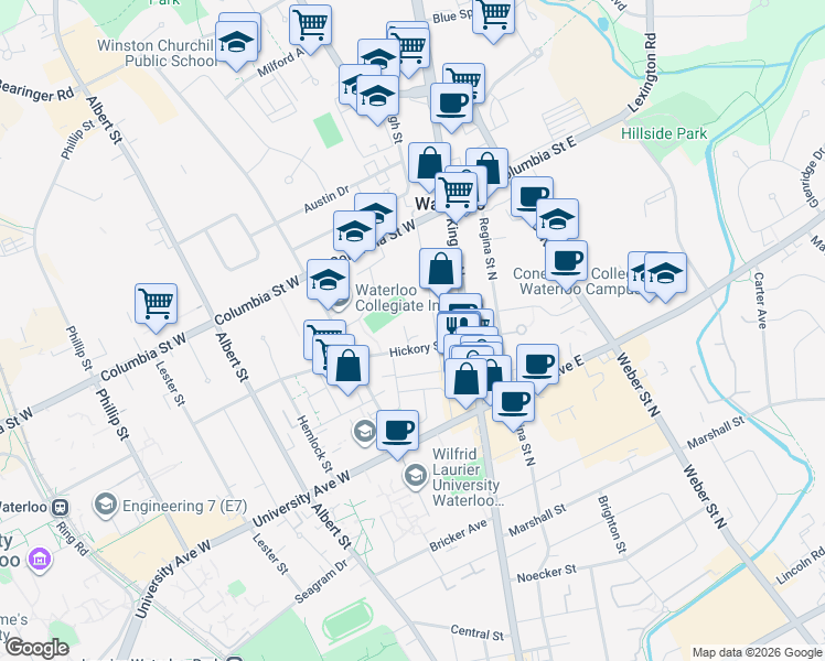 map of restaurants, bars, coffee shops, grocery stores, and more near 319 Spruce Street in Waterloo