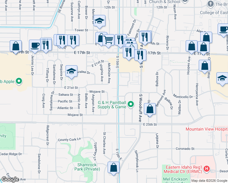 map of restaurants, bars, coffee shops, grocery stores, and more near 1440 East 21st Street in Idaho Falls