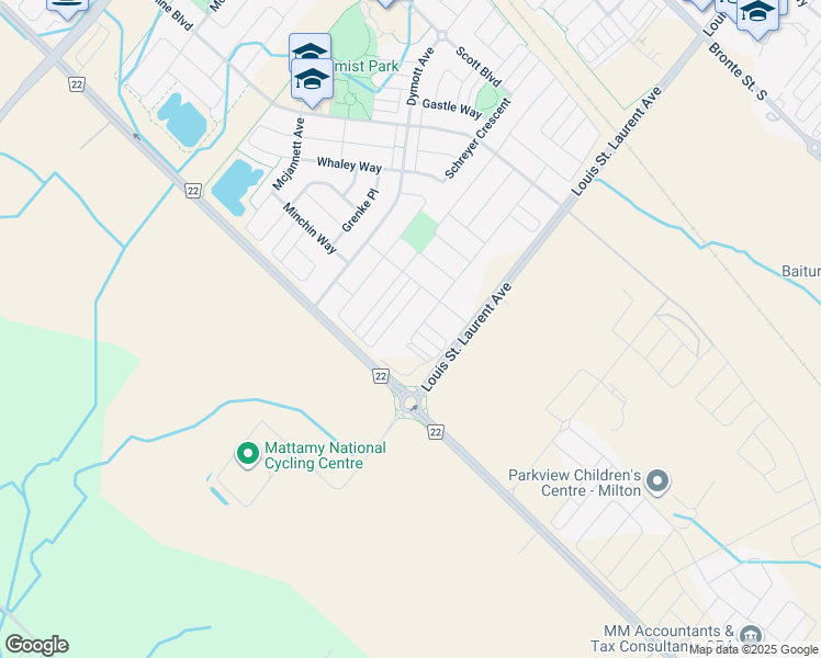 map of restaurants, bars, coffee shops, grocery stores, and more near 513 Bessborough Drive in Milton