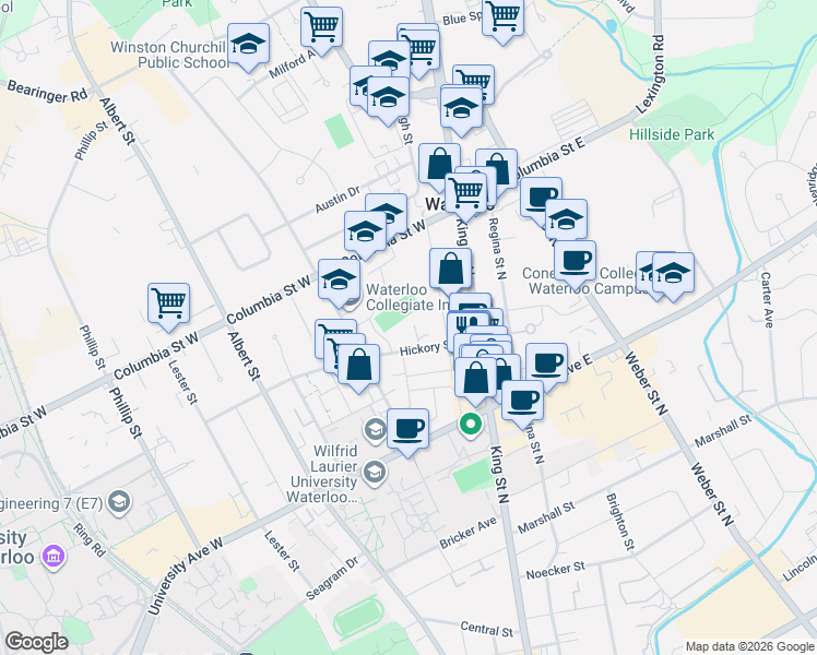 map of restaurants, bars, coffee shops, grocery stores, and more near 311 Hawthorn Street in Waterloo