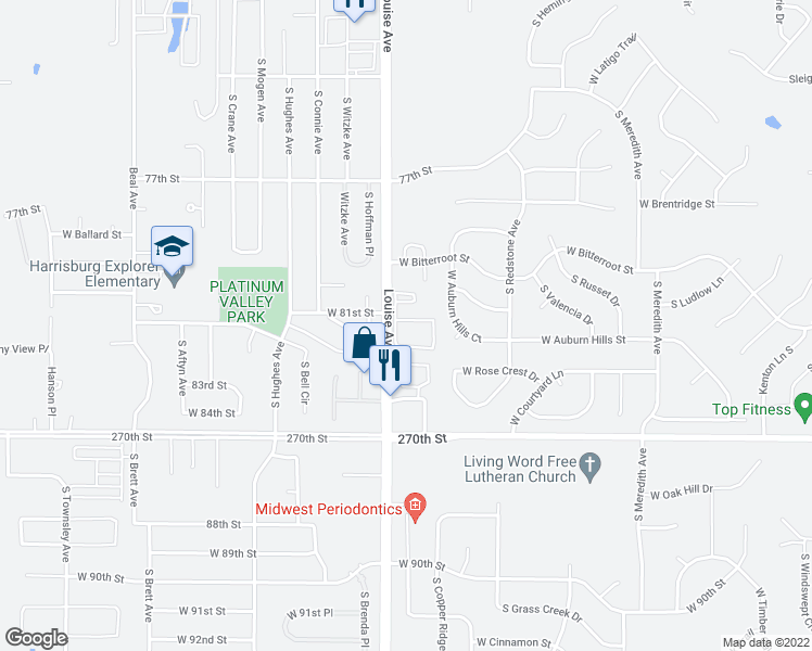 map of restaurants, bars, coffee shops, grocery stores, and more near 7438 South Louise Avenue in Sioux Falls