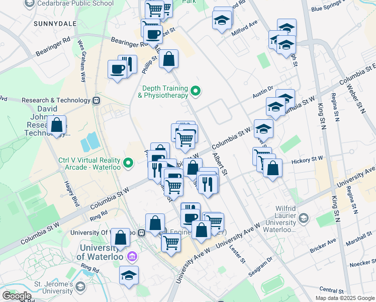 map of restaurants, bars, coffee shops, grocery stores, and more near 132 Columbia Street West in Waterloo