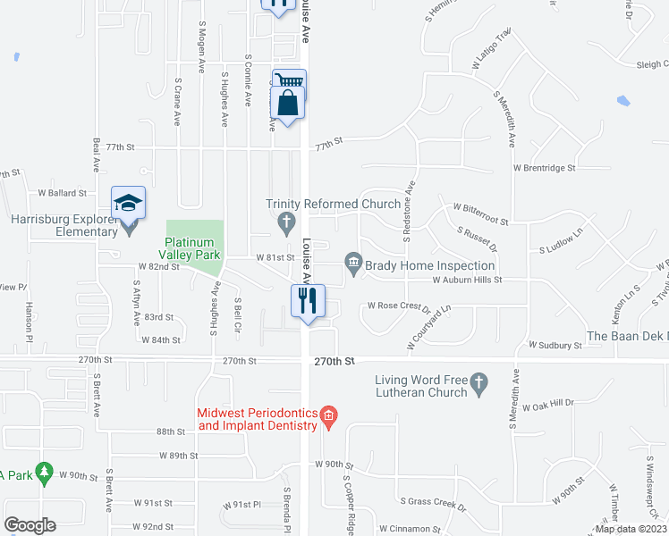 map of restaurants, bars, coffee shops, grocery stores, and more near 7400 South Louise Avenue in Sioux Falls