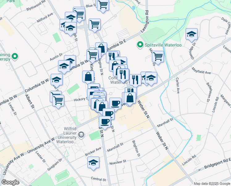 map of restaurants, bars, coffee shops, grocery stores, and more near 300 Regina Street North in Waterloo