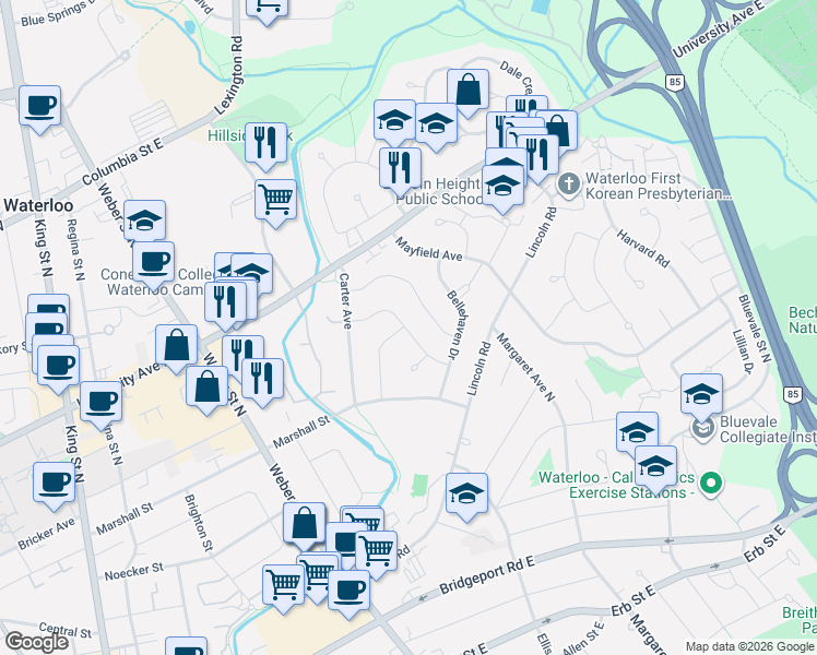 map of restaurants, bars, coffee shops, grocery stores, and more near 213 Winfield Avenue in Waterloo