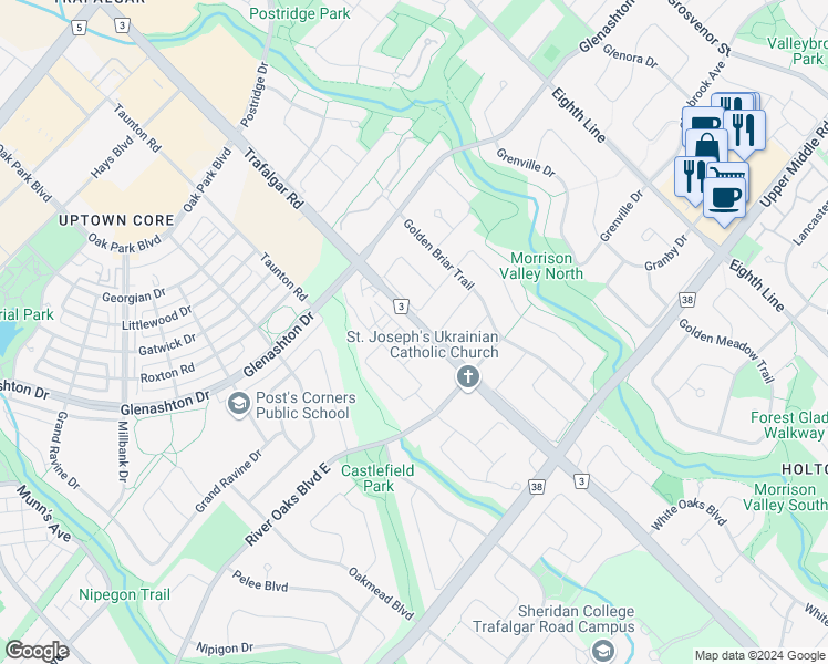 map of restaurants, bars, coffee shops, grocery stores, and more near 330 Hickory Circle in Oakville