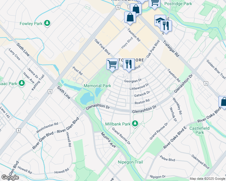 map of restaurants, bars, coffee shops, grocery stores, and more near in Oakville