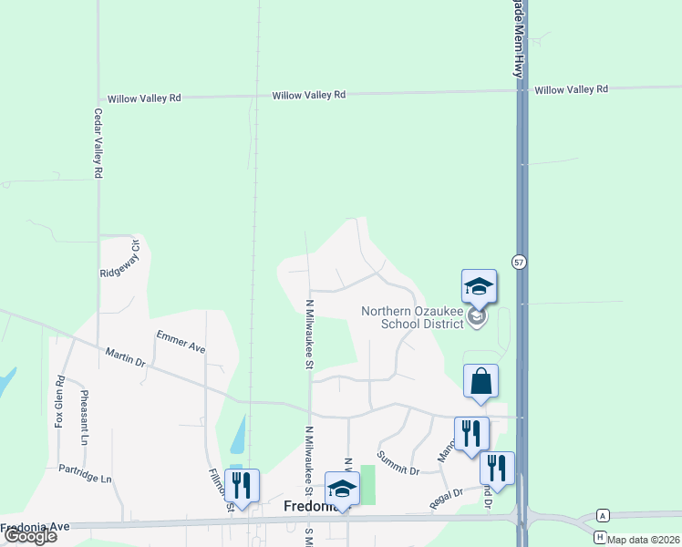 map of restaurants, bars, coffee shops, grocery stores, and more near 515 Emerald Hills Drive in Fredonia