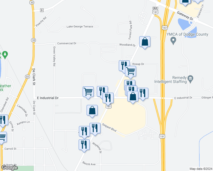 map of restaurants, bars, coffee shops, grocery stores, and more near 1724 North Spring Street in Beaver Dam