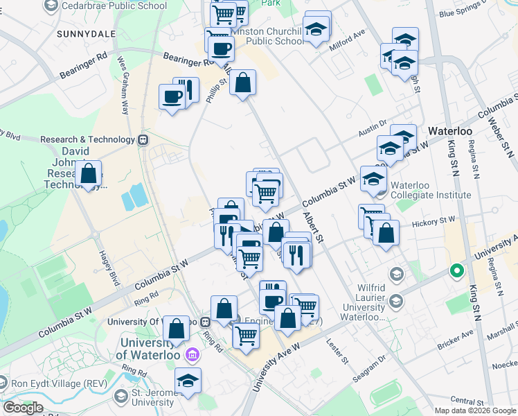 map of restaurants, bars, coffee shops, grocery stores, and more near 130 Columbia Street West in Waterloo