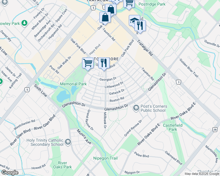 map of restaurants, bars, coffee shops, grocery stores, and more near 2341 Parkhaven Boulevard in Oakville