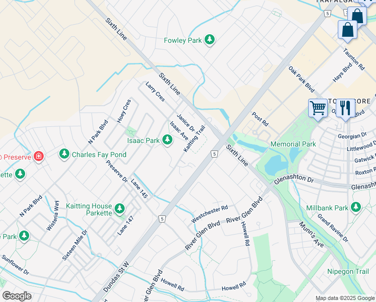 map of restaurants, bars, coffee shops, grocery stores, and more near 50 Kaitting Trail in Oakville