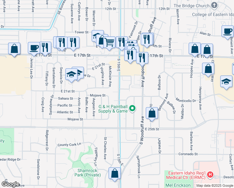 map of restaurants, bars, coffee shops, grocery stores, and more near 1440 East 21st Street in Idaho Falls