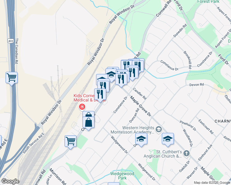 map of restaurants, bars, coffee shops, grocery stores, and more near in Oakville