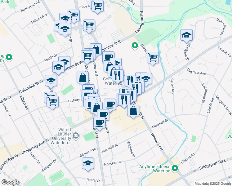 map of restaurants, bars, coffee shops, grocery stores, and more near 55 Hickory Street East in Waterloo