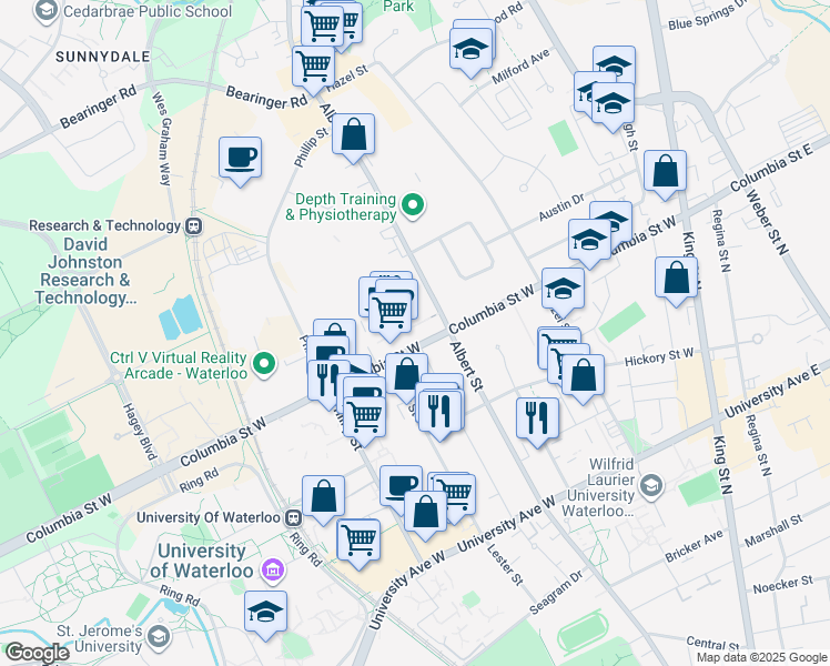 map of restaurants, bars, coffee shops, grocery stores, and more near 130 Columbia Street West in Waterloo