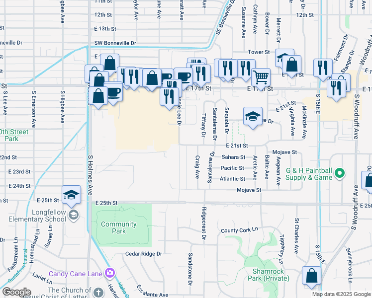 map of restaurants, bars, coffee shops, grocery stores, and more near 955 East 21st Street in Idaho Falls