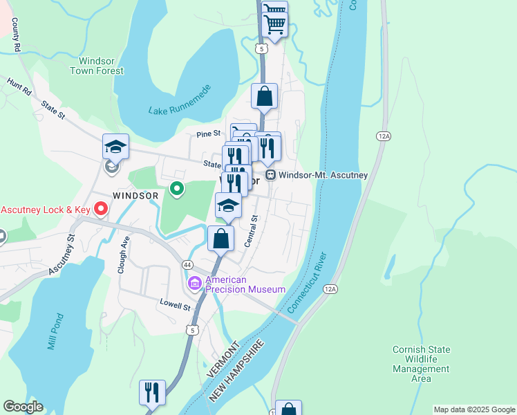 map of restaurants, bars, coffee shops, grocery stores, and more near 1 Central Street in Windsor