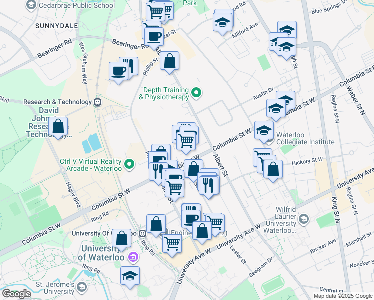 map of restaurants, bars, coffee shops, grocery stores, and more near 132 Columbia Street West in Waterloo