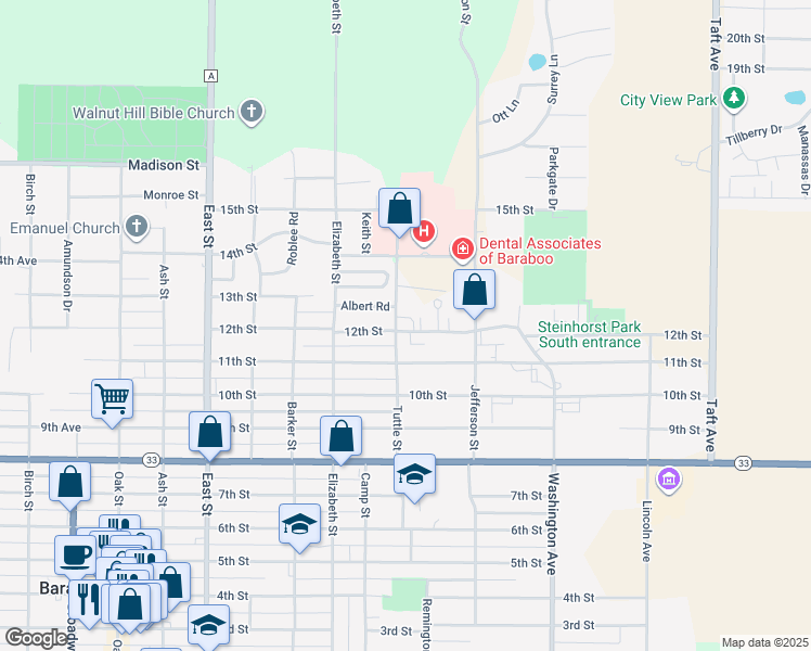 map of restaurants, bars, coffee shops, grocery stores, and more near 1405 Tuttle Street in Baraboo
