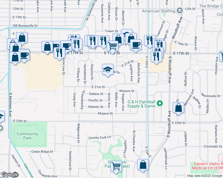 map of restaurants, bars, coffee shops, grocery stores, and more near 1240 East 21st Street in Idaho Falls