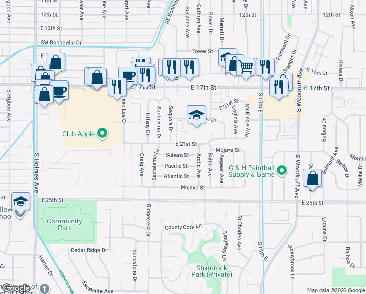 map of restaurants, bars, coffee shops, grocery stores, and more near 1154 East 21st Street in Idaho Falls