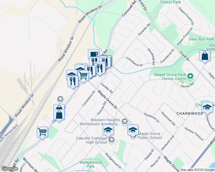 map of restaurants, bars, coffee shops, grocery stores, and more near 460 Bedford Road in Oakville