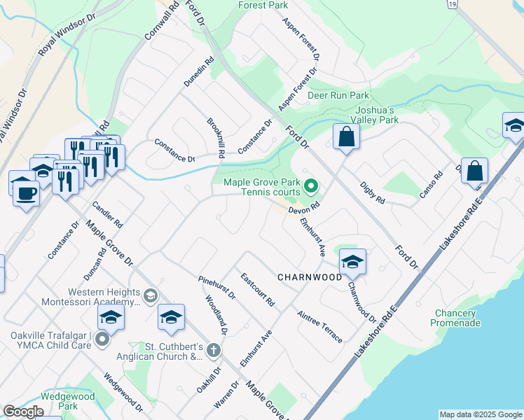 map of restaurants, bars, coffee shops, grocery stores, and more near 319 Beechfield Road in Oakville