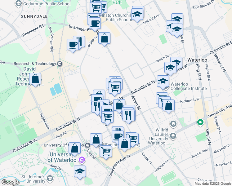 map of restaurants, bars, coffee shops, grocery stores, and more near 130 Columbia Street West in Waterloo