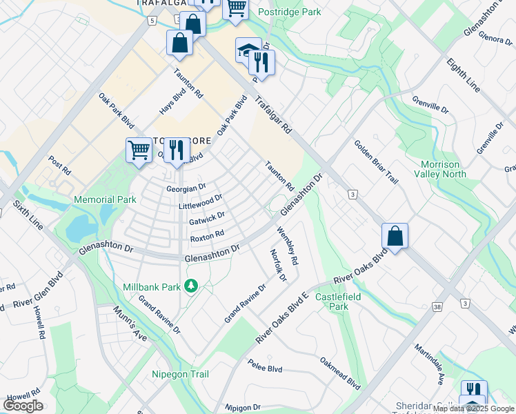 map of restaurants, bars, coffee shops, grocery stores, and more near 226 Gatwick Drive in Oakville